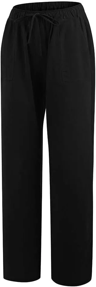 Women's Casual Cotton Linen Pants Summer Plus Size Elastic Waist Wide Leg Comfy Solid Lounge Trouser with Pockets