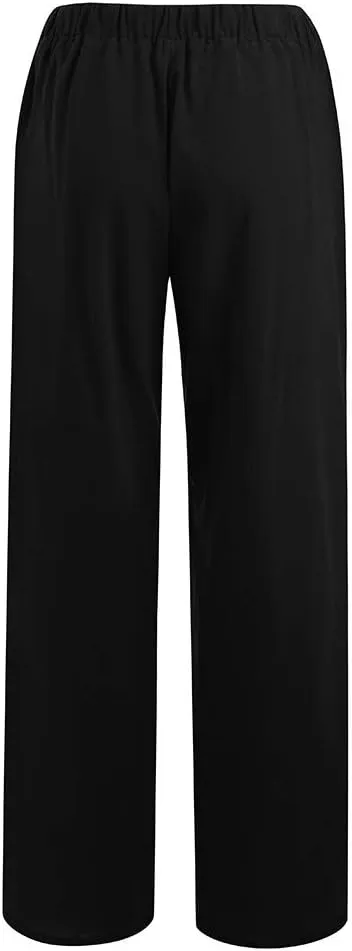 Women's Casual Cotton Linen Pants Summer Plus Size Elastic Waist Wide Leg Comfy Solid Lounge Trouser with Pockets