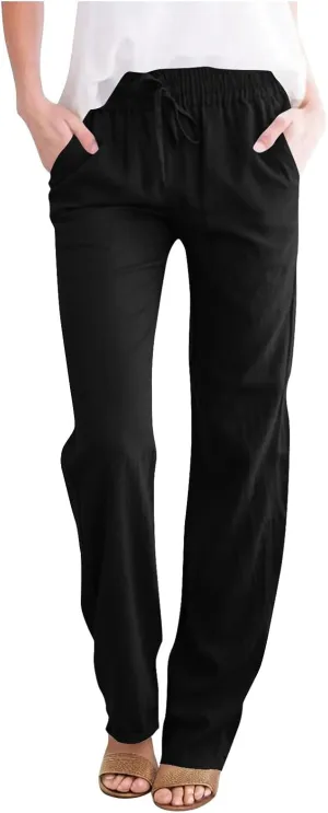 Womens Casual Linen High Waist Pants Drawstring Loose Fit Summer Slacks Solid Lounge Trousers with Side Pockets