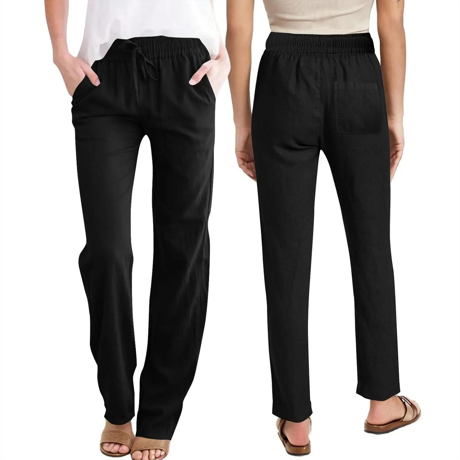 Womens Casual Linen High Waist Pants Drawstring Loose Fit Summer Slacks Solid Lounge Trousers with Side Pockets