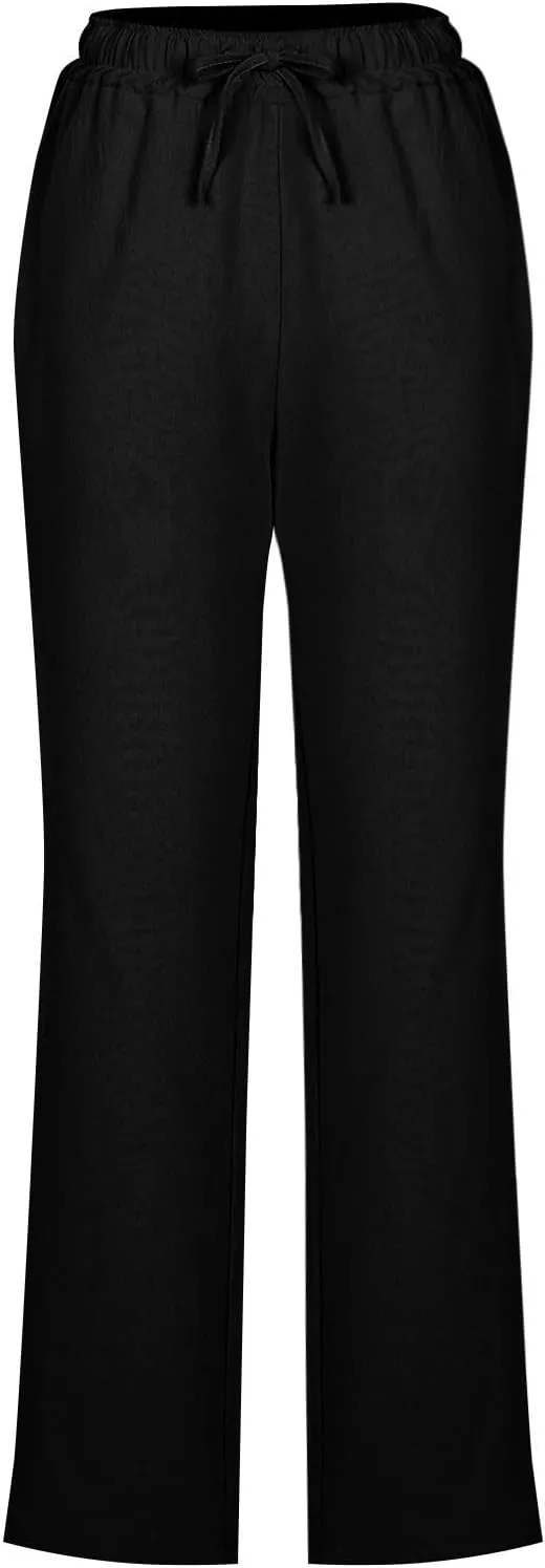 Womens Casual Linen High Waist Pants Drawstring Loose Fit Summer Slacks Solid Lounge Trousers with Side Pockets