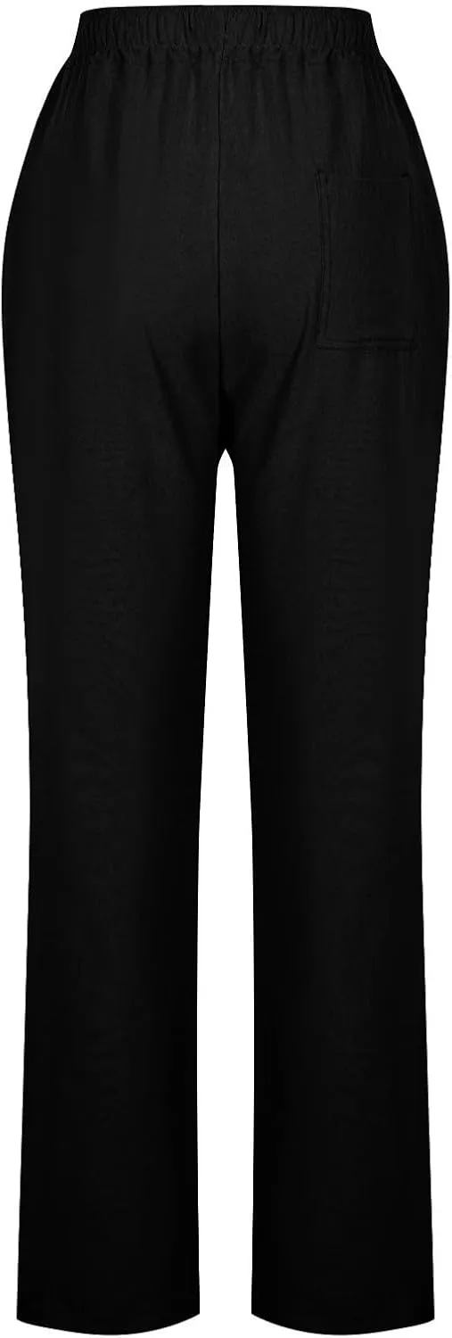 Womens Casual Linen High Waist Pants Drawstring Loose Fit Summer Slacks Solid Lounge Trousers with Side Pockets