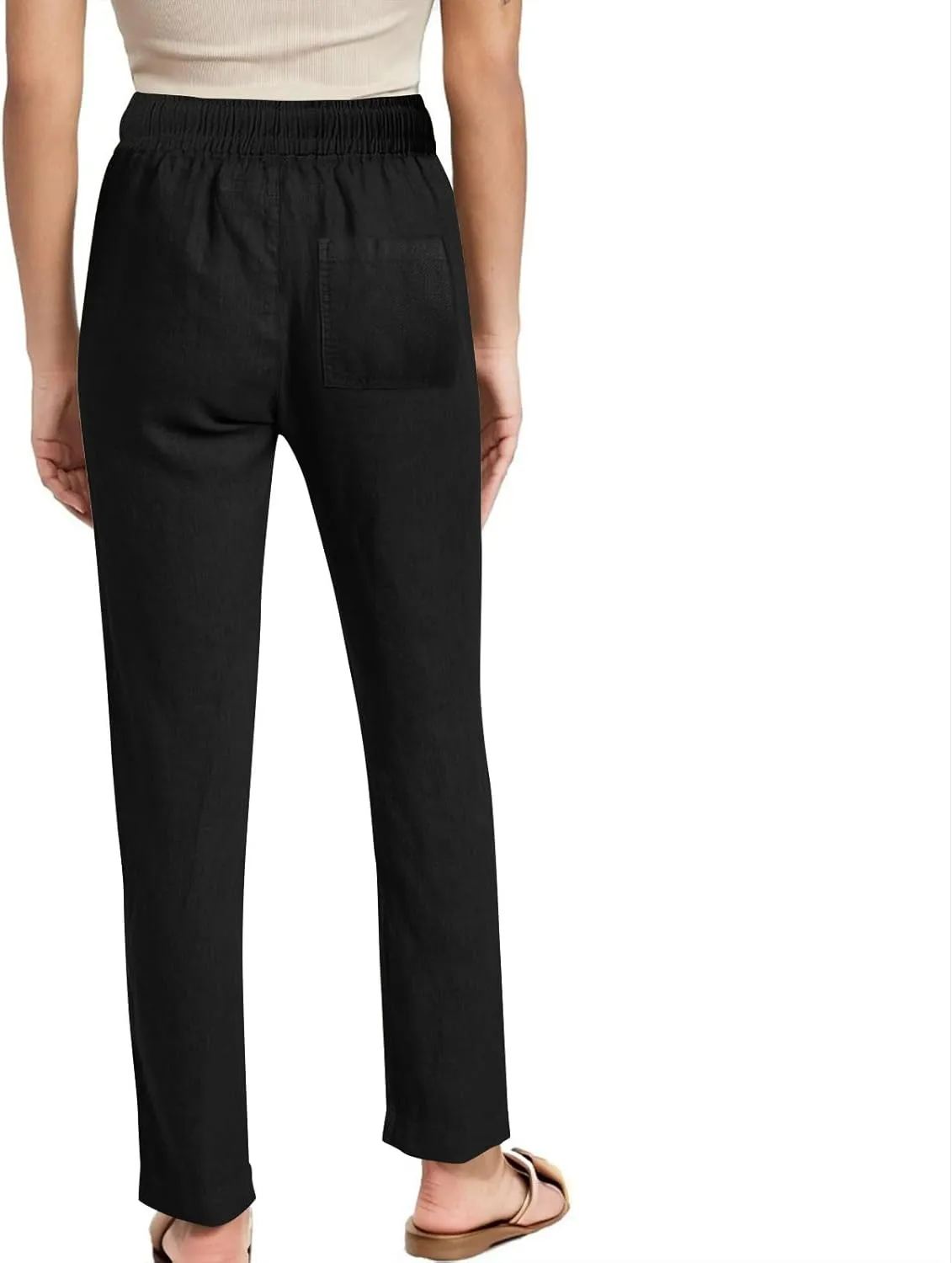 Womens Casual Linen High Waist Pants Drawstring Loose Fit Summer Slacks Solid Lounge Trousers with Side Pockets