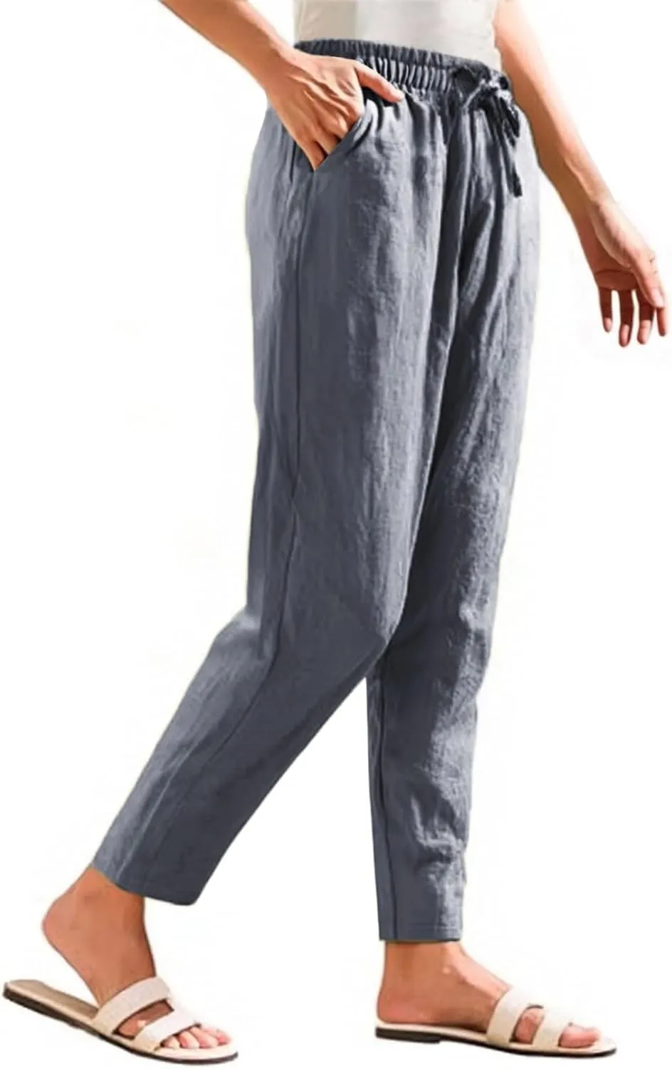 Womens Casual Linen Pants Drawstring Loose Fit Summer Pants Trousers with Side Pockets Summer Beach Lounge Pants
