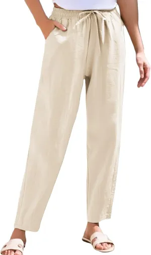 Womens Casual Linen Pants Drawstring Loose Fit Summer Pants Trousers with Side Pockets Summer Beach Lounge Pants