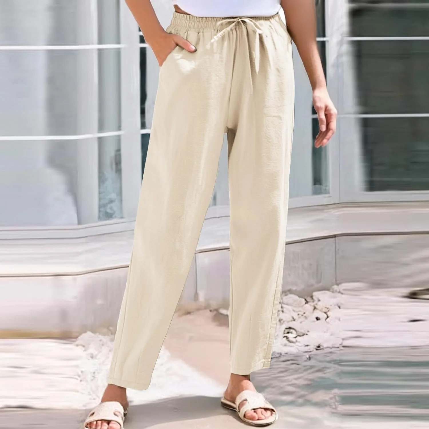 Womens Casual Linen Pants Drawstring Loose Fit Summer Pants Trousers with Side Pockets Summer Beach Lounge Pants