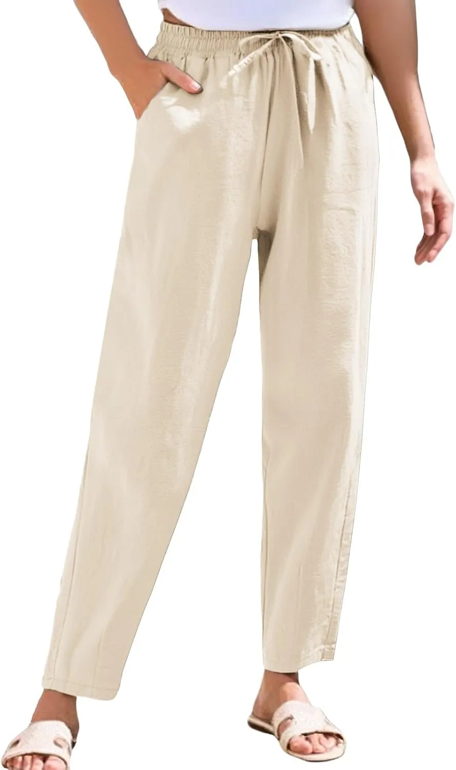 Womens Casual Linen Pants Drawstring Loose Fit Summer Pants Trousers with Side Pockets Summer Beach Lounge Pants
