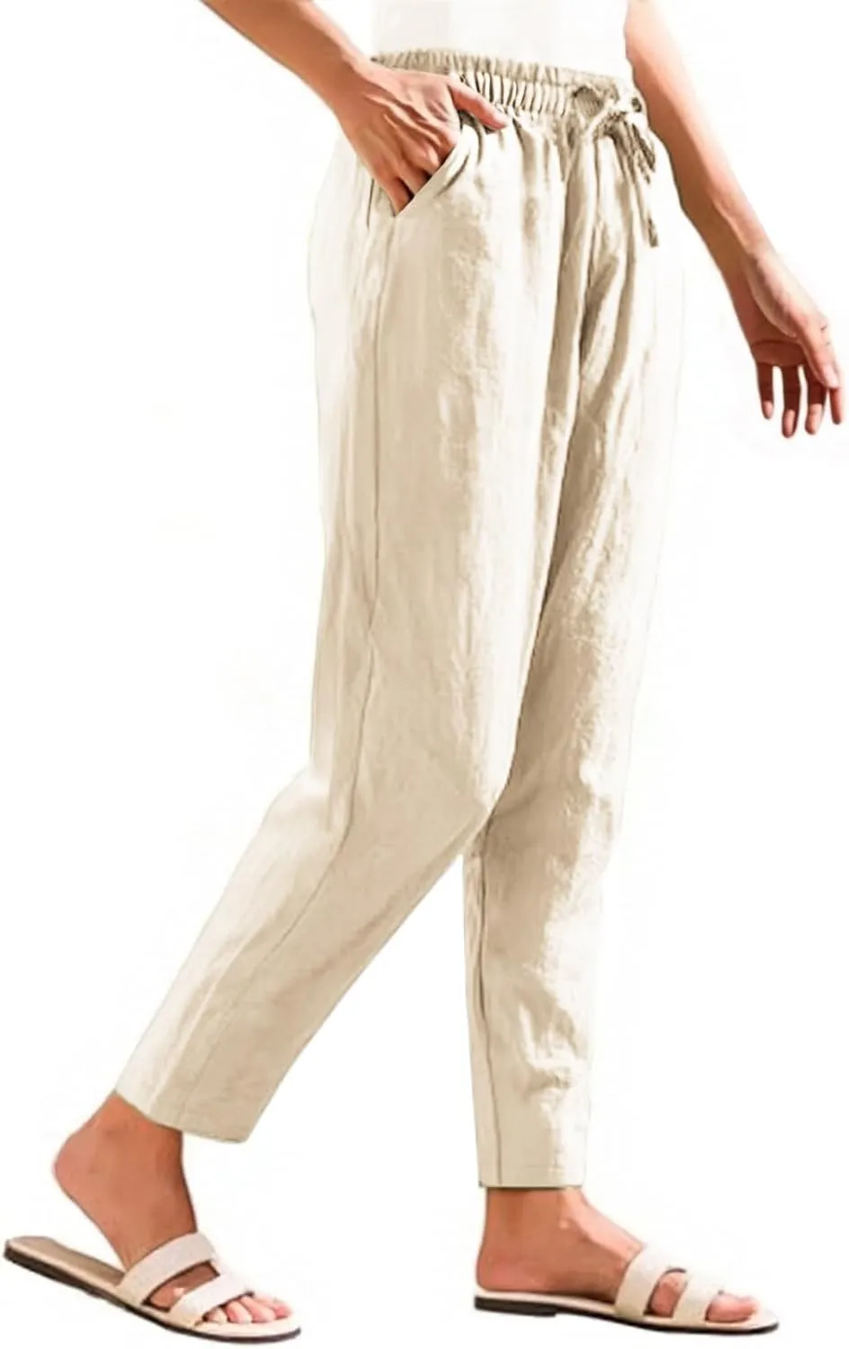Womens Casual Linen Pants Drawstring Loose Fit Summer Pants Trousers with Side Pockets Summer Beach Lounge Pants
