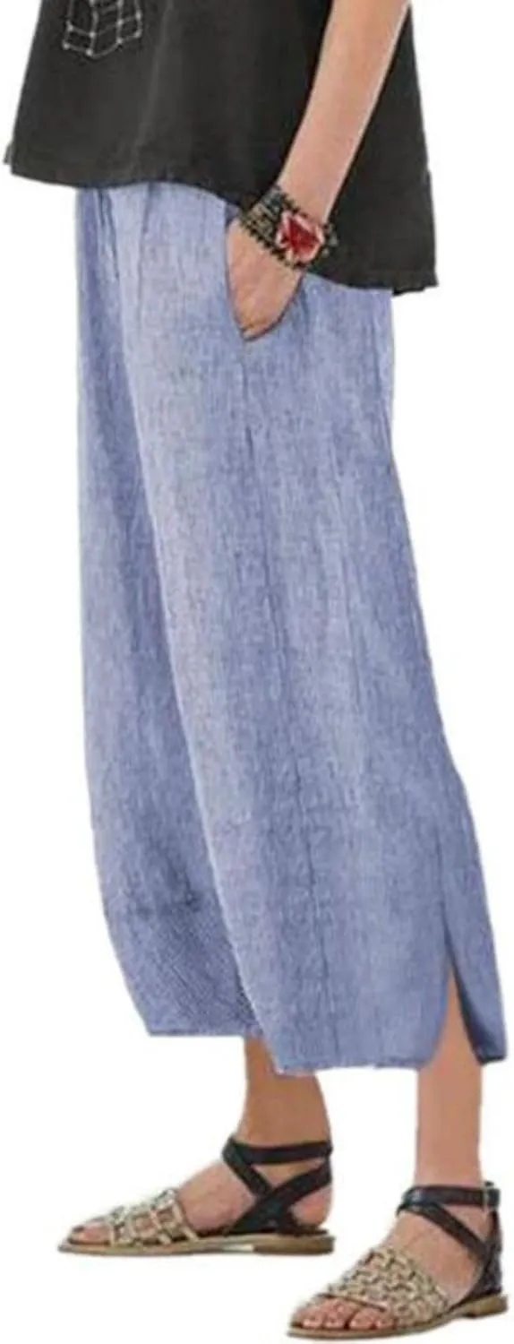 Womens Casual Linen Pants Summer Flowy Elastic Ankle Pants Plus Size Cropped Trousers High Waisted Wide Leg Pants