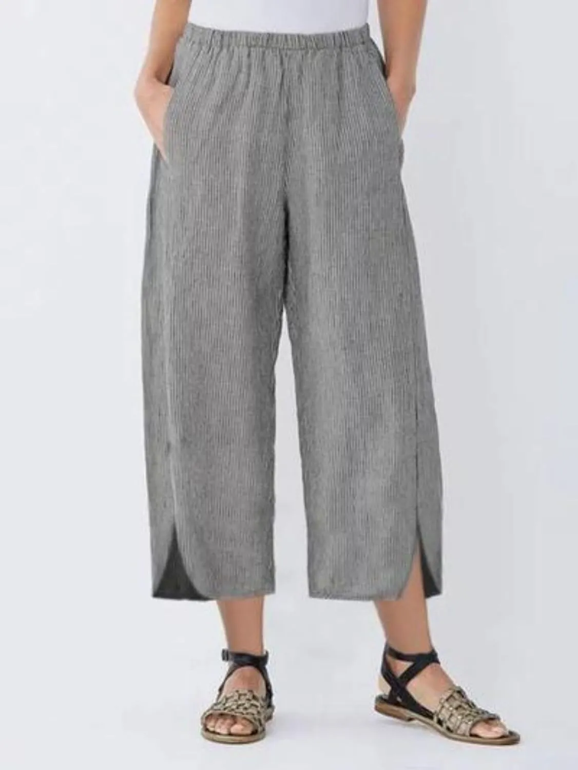 Womens Casual Linen Pants Summer Flowy Elastic Ankle Pants Plus Size Cropped Trousers High Waisted Wide Leg Pants