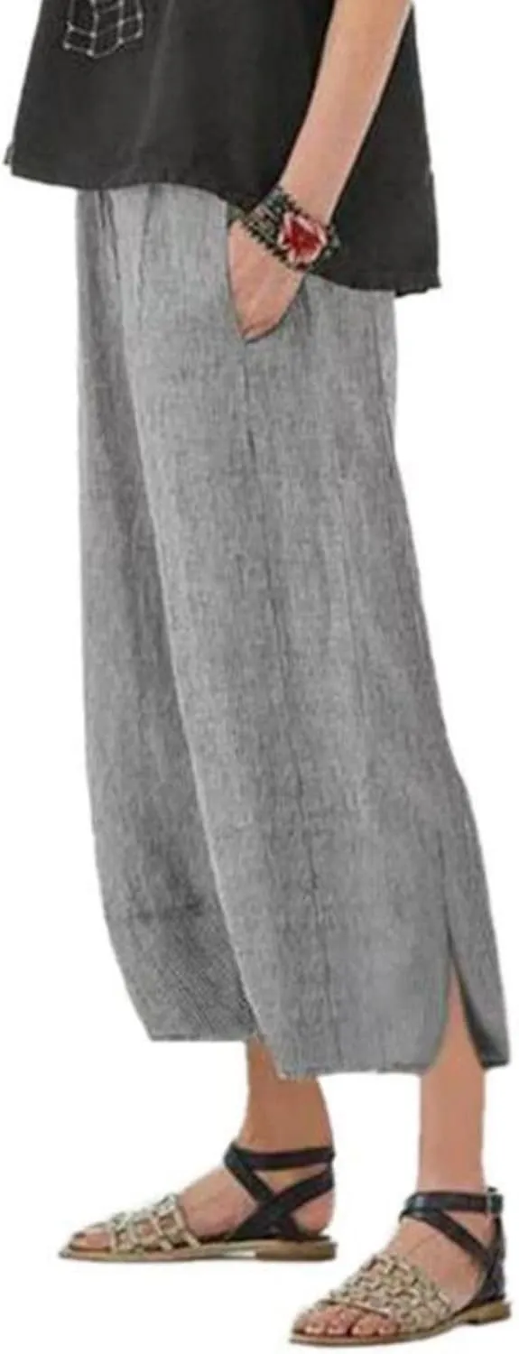 Womens Casual Linen Pants Summer Flowy Elastic Ankle Pants Plus Size Cropped Trousers High Waisted Wide Leg Pants