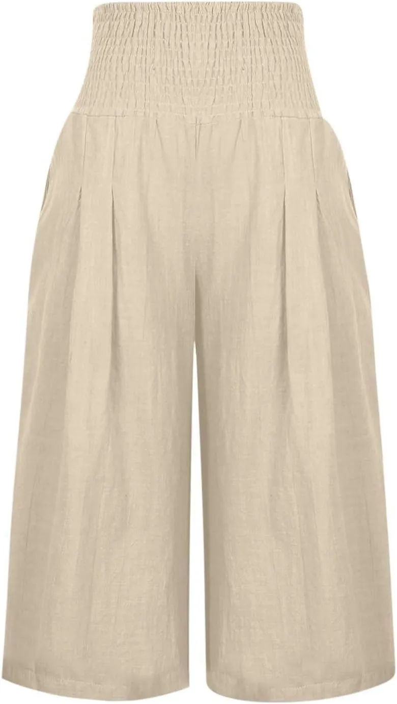 Womens Cotton Linen Capris Cropped Wide Leg Palazzo Pants High-Rise Smocked Waist Summer Trousers with Pockets