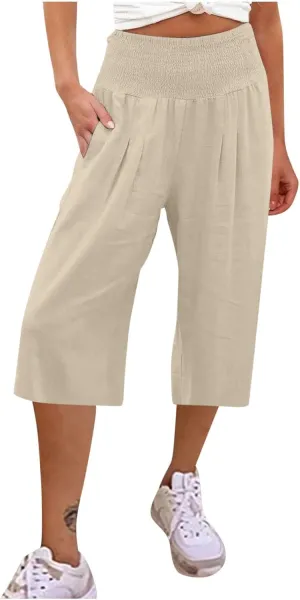Womens Cotton Linen Capris Cropped Wide Leg Palazzo Pants High-Rise Smocked Waist Summer Trousers with Pockets