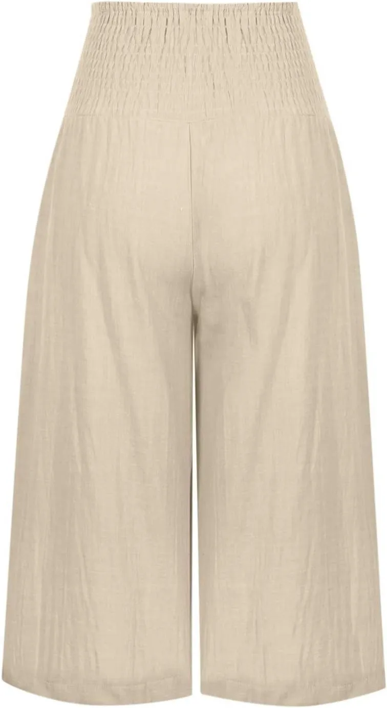 Womens Cotton Linen Capris Cropped Wide Leg Palazzo Pants High-Rise Smocked Waist Summer Trousers with Pockets