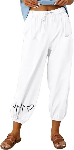 Women's Cotton Linen Drawstring Cropped Pant, Lightweight Loose High Waist Casual Pants Funny Print Pockets Trousers