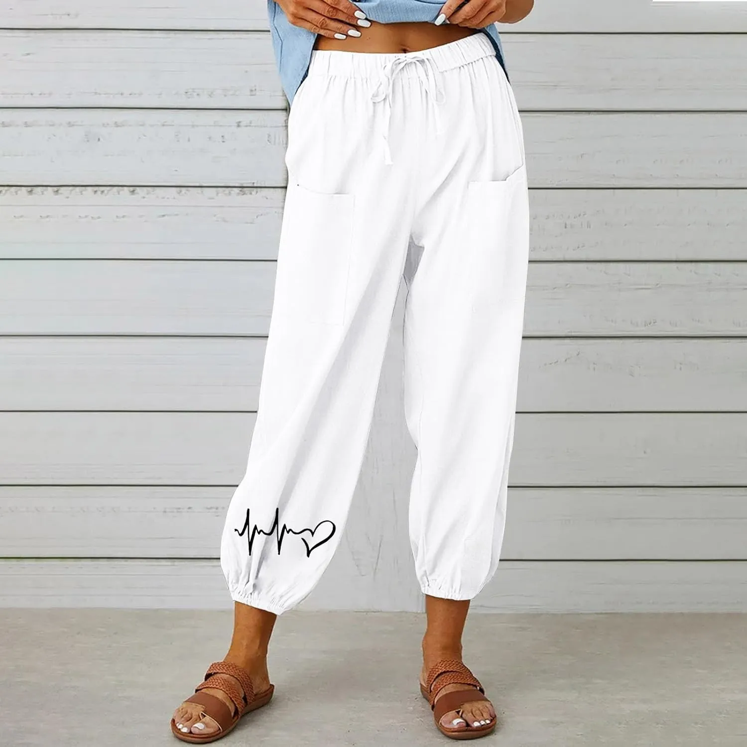 Women's Cotton Linen Drawstring Cropped Pant, Lightweight Loose High Waist Casual Pants Funny Print Pockets Trousers