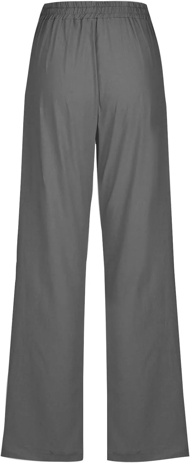 Womens Cotton Linen High Waisted Pants Drawstring Casual Loose Fit Summer Pants Comfy Trousers with Side Pockets