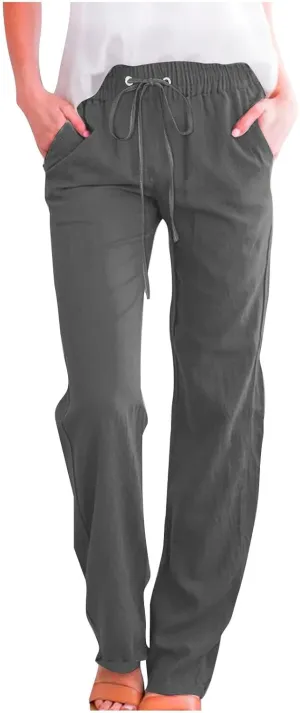 Womens Cotton Linen High Waisted Pants Drawstring Casual Loose Fit Summer Pants Comfy Trousers with Side Pockets