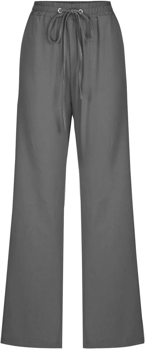 Womens Cotton Linen High Waisted Pants Drawstring Casual Loose Fit Summer Pants Comfy Trousers with Side Pockets