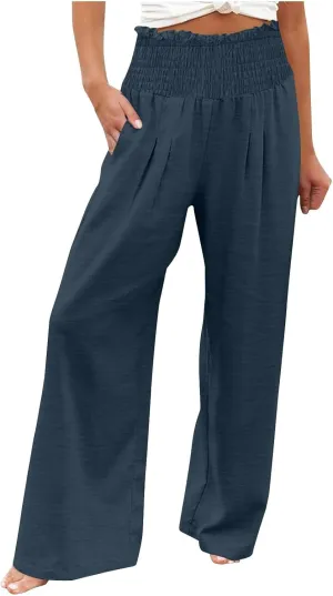 Women's Cotton Linen Palazzo Pants Summer Comfy Elastic High Waisted Wide Leg Trousers Loose Beach Vacation Slacks