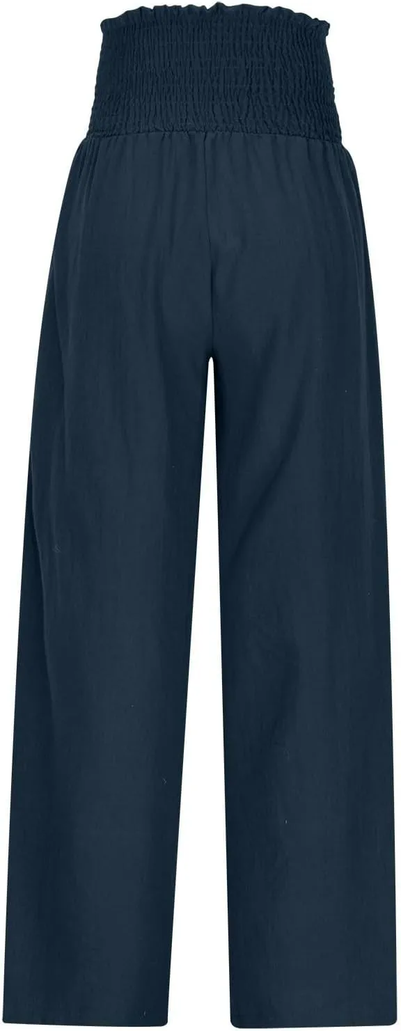 Women's Cotton Linen Palazzo Pants Summer Comfy Elastic High Waisted Wide Leg Trousers Loose Beach Vacation Slacks