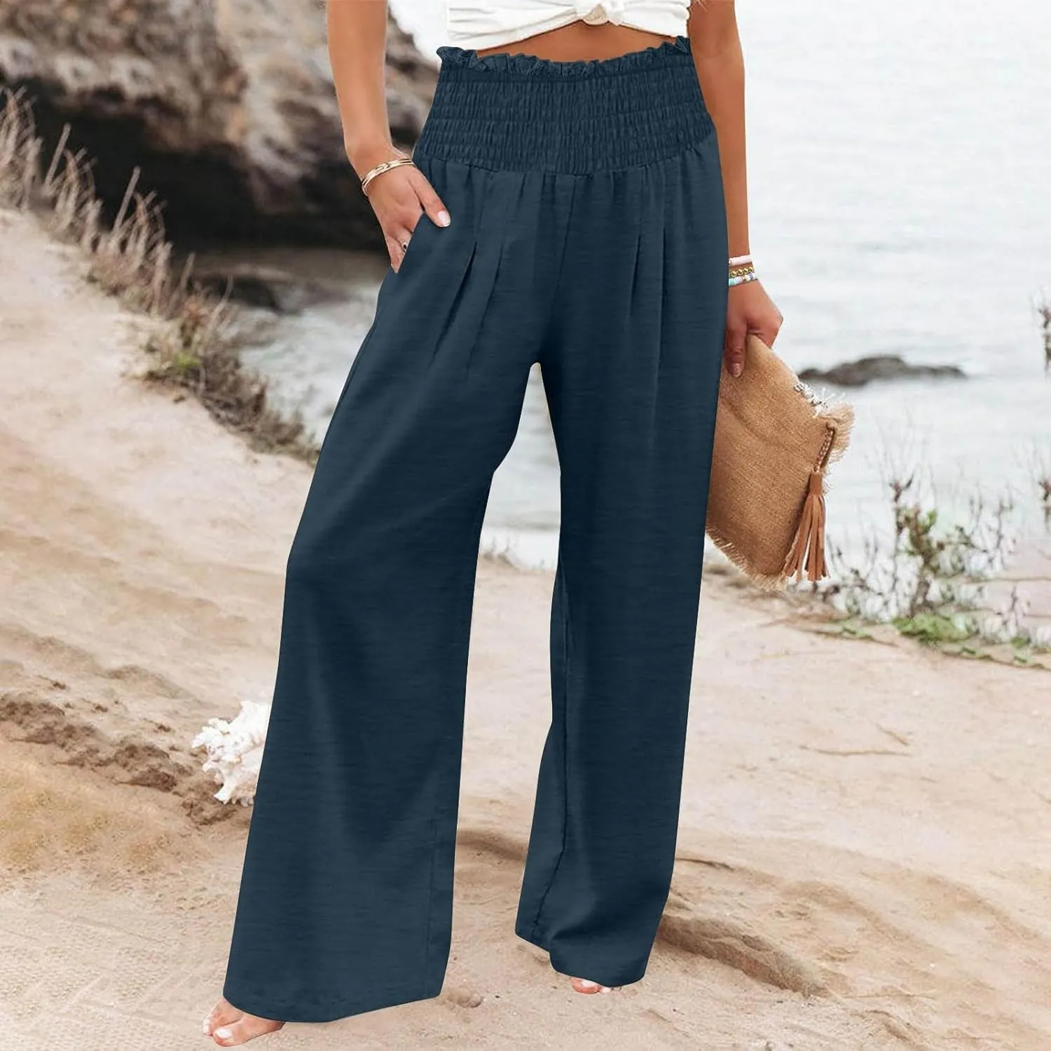 Women's Cotton Linen Palazzo Pants Summer Comfy Elastic High Waisted Wide Leg Trousers Loose Beach Vacation Slacks