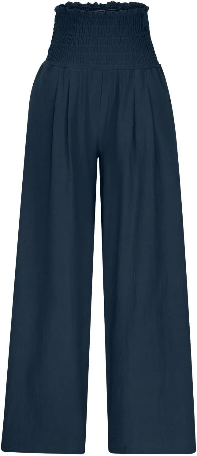 Women's Cotton Linen Palazzo Pants Summer Comfy Elastic High Waisted Wide Leg Trousers Loose Beach Vacation Slacks