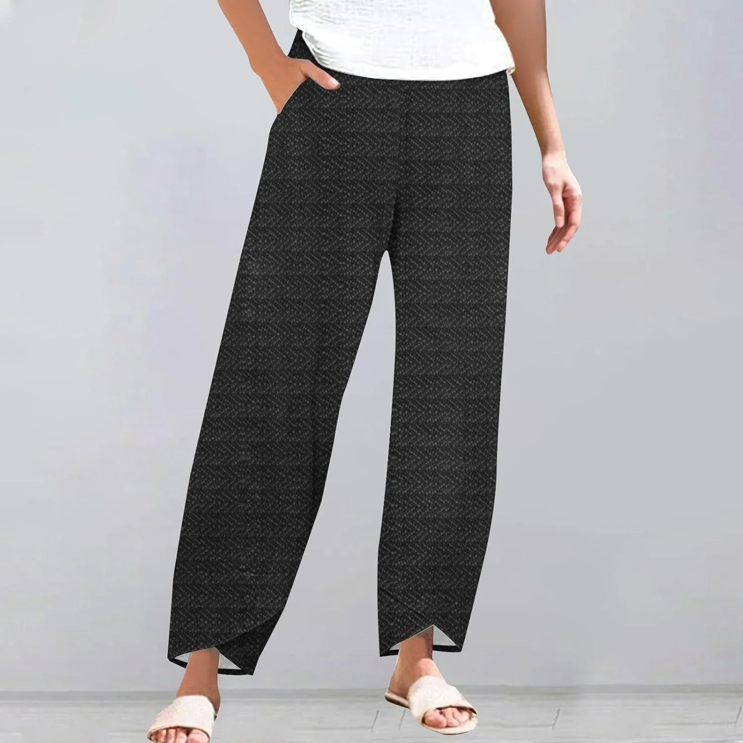 Women's Cotton Linen Pants Casual Cropped Baggy Trousers Comfy Loose Palazzo Pants with Womens High