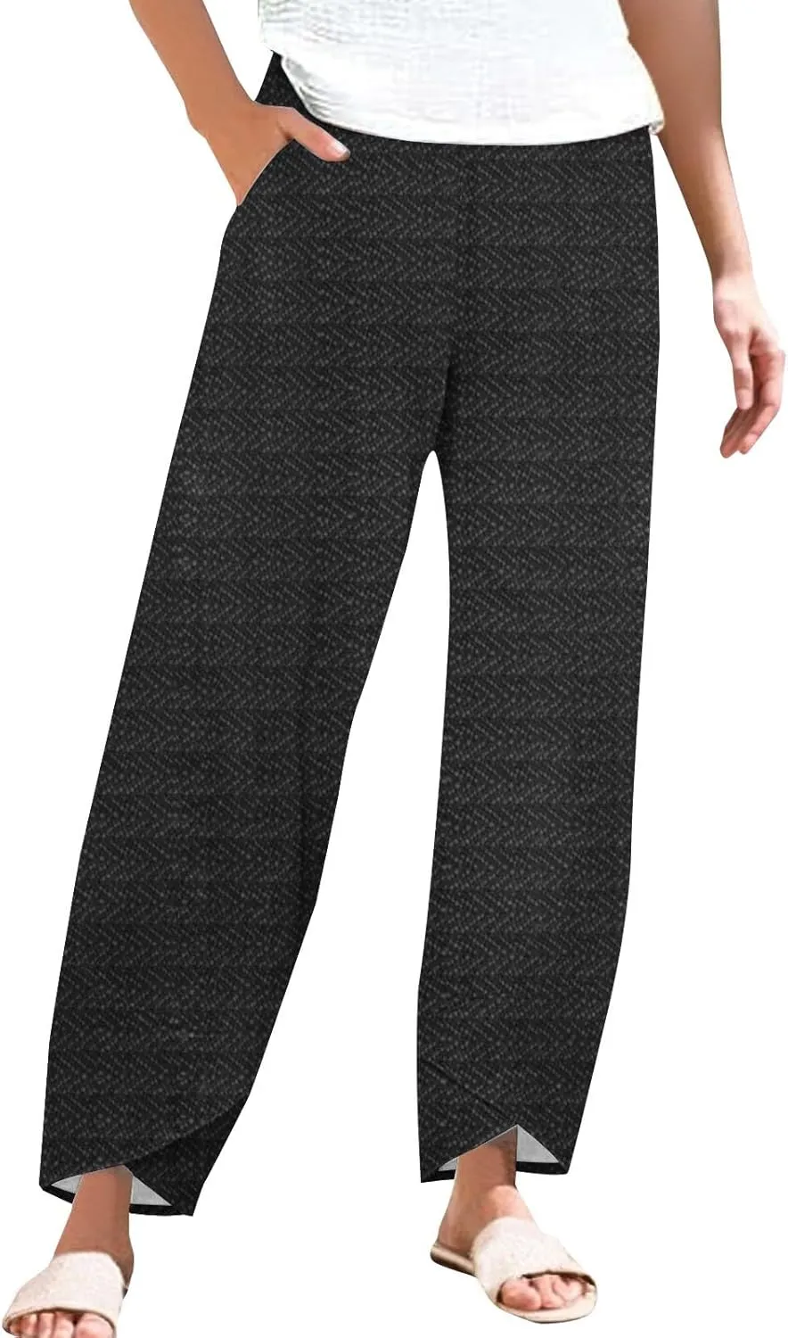 Women's Cotton Linen Pants Casual Cropped Baggy Trousers Comfy Loose Palazzo Pants with Womens High