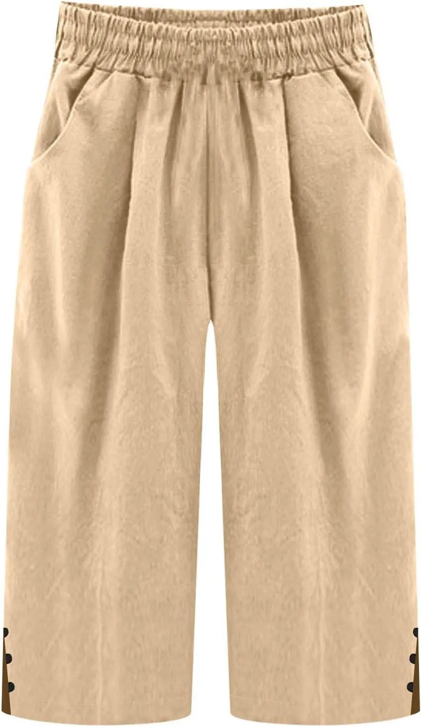 Womens Cotton Linen Pants Casual Straight Leg Pant Summer Trendy Elastic High Waist Wide Leg Trousers with Slit Hem