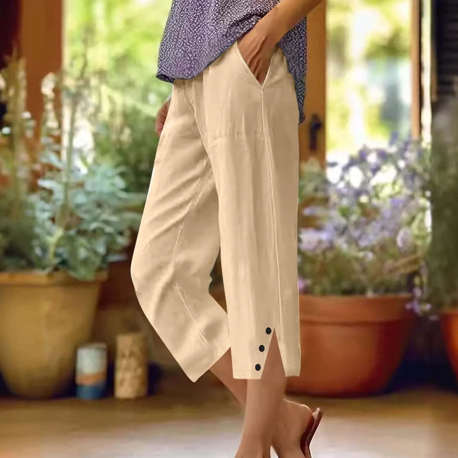 Womens Cotton Linen Pants Casual Straight Leg Pant Summer Trendy Elastic High Waist Wide Leg Trousers with Slit Hem
