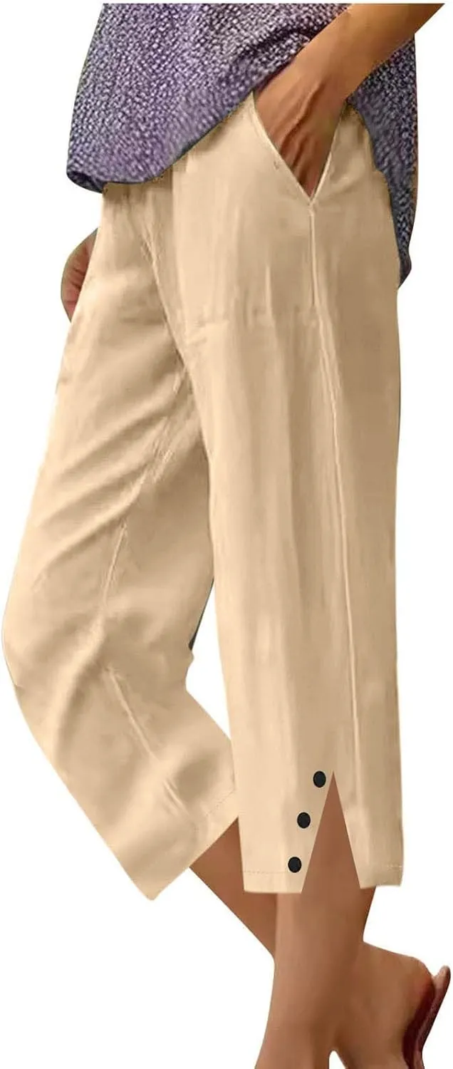 Womens Cotton Linen Pants Casual Straight Leg Pant Summer Trendy Elastic High Waist Wide Leg Trousers with Slit Hem