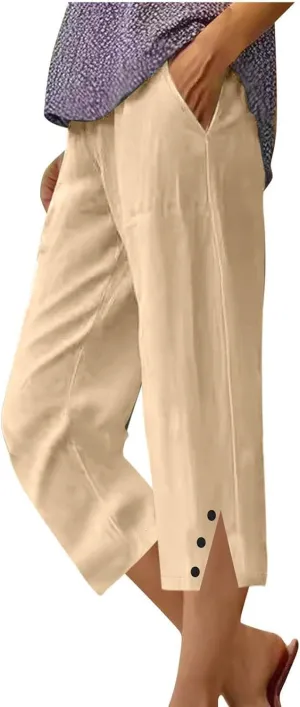Womens Cotton Linen Pants Casual Straight Leg Pant Summer Trendy Elastic High Waist Wide Leg Trousers with Slit Hem