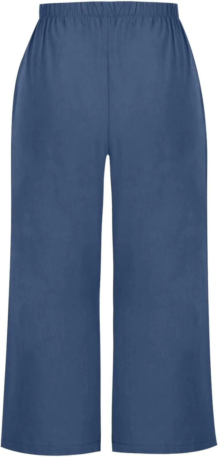 Womens Cotton Linen Pants High Waist Wide Leg Pant Dressy Casual Summer Resort Wear 2024 Loose Lounge Capri Trousers