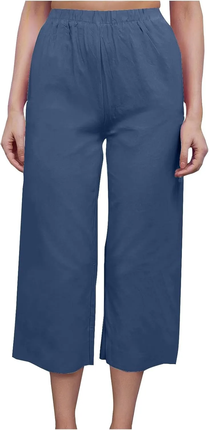 Womens Cotton Linen Pants High Waist Wide Leg Pant Dressy Casual Summer Resort Wear 2024 Loose Lounge Capri Trousers