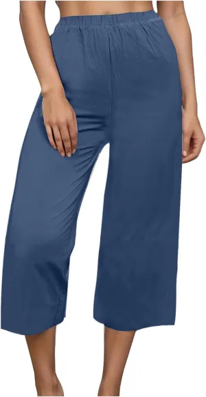 Womens Cotton Linen Pants High Waist Wide Leg Pant Dressy Casual Summer Resort Wear 2024 Loose Lounge Capri Trousers