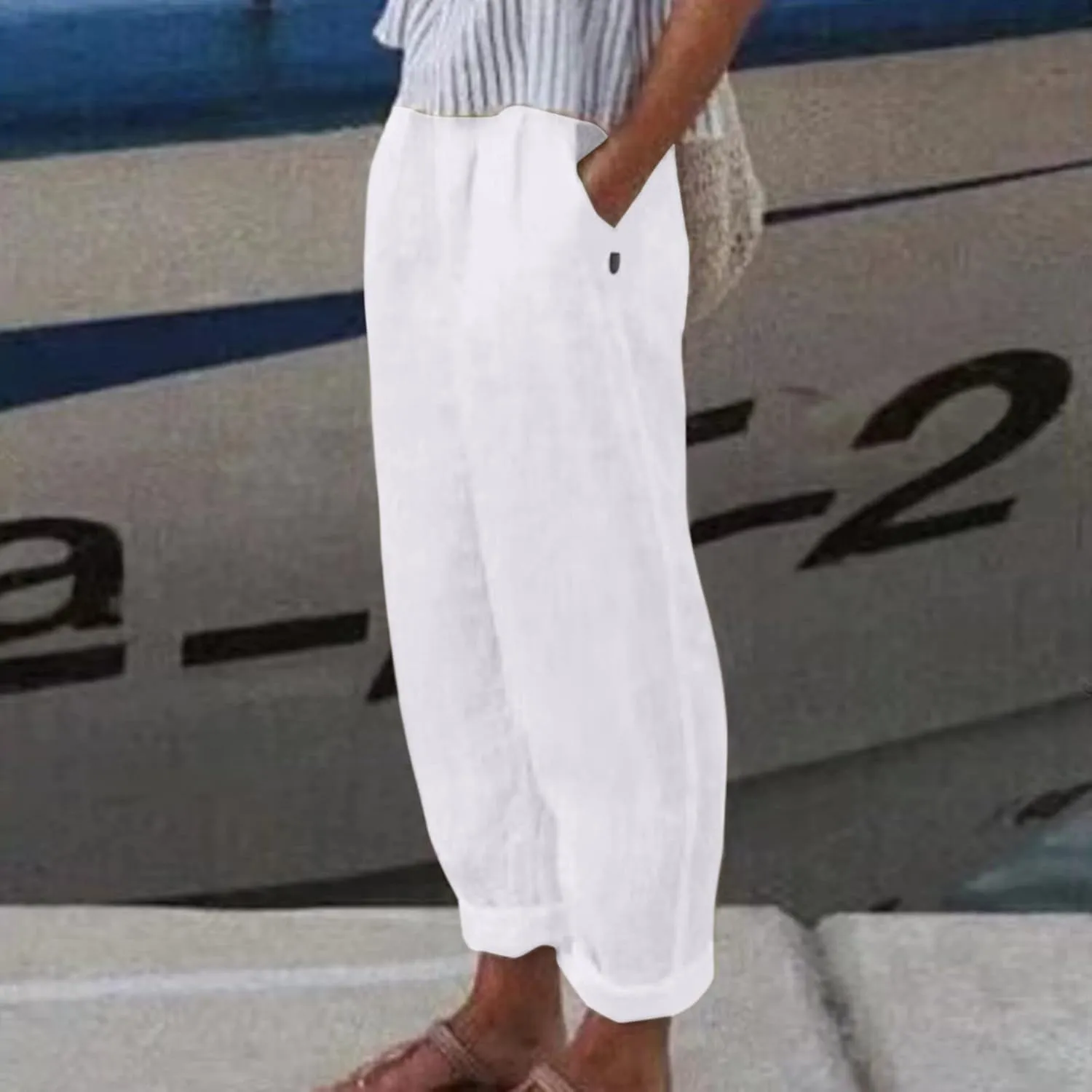 Womens Cotton Linen Pants Summer Casual Solid Color Boho Plus Size High Waisted Linen Pants Plus Size Trousers with Pockets