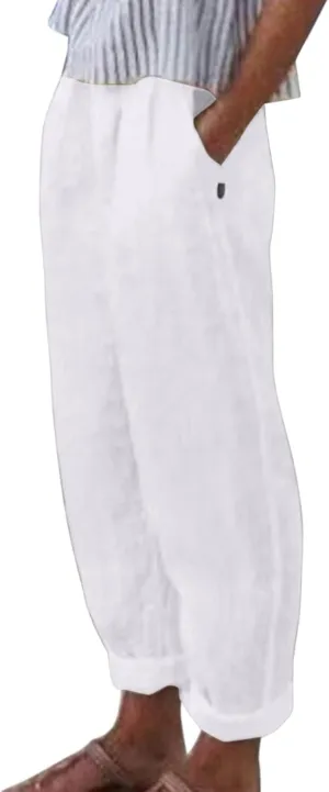 Womens Cotton Linen Pants Summer Casual Solid Color Boho Plus Size High Waisted Linen Pants Plus Size Trousers with Pockets
