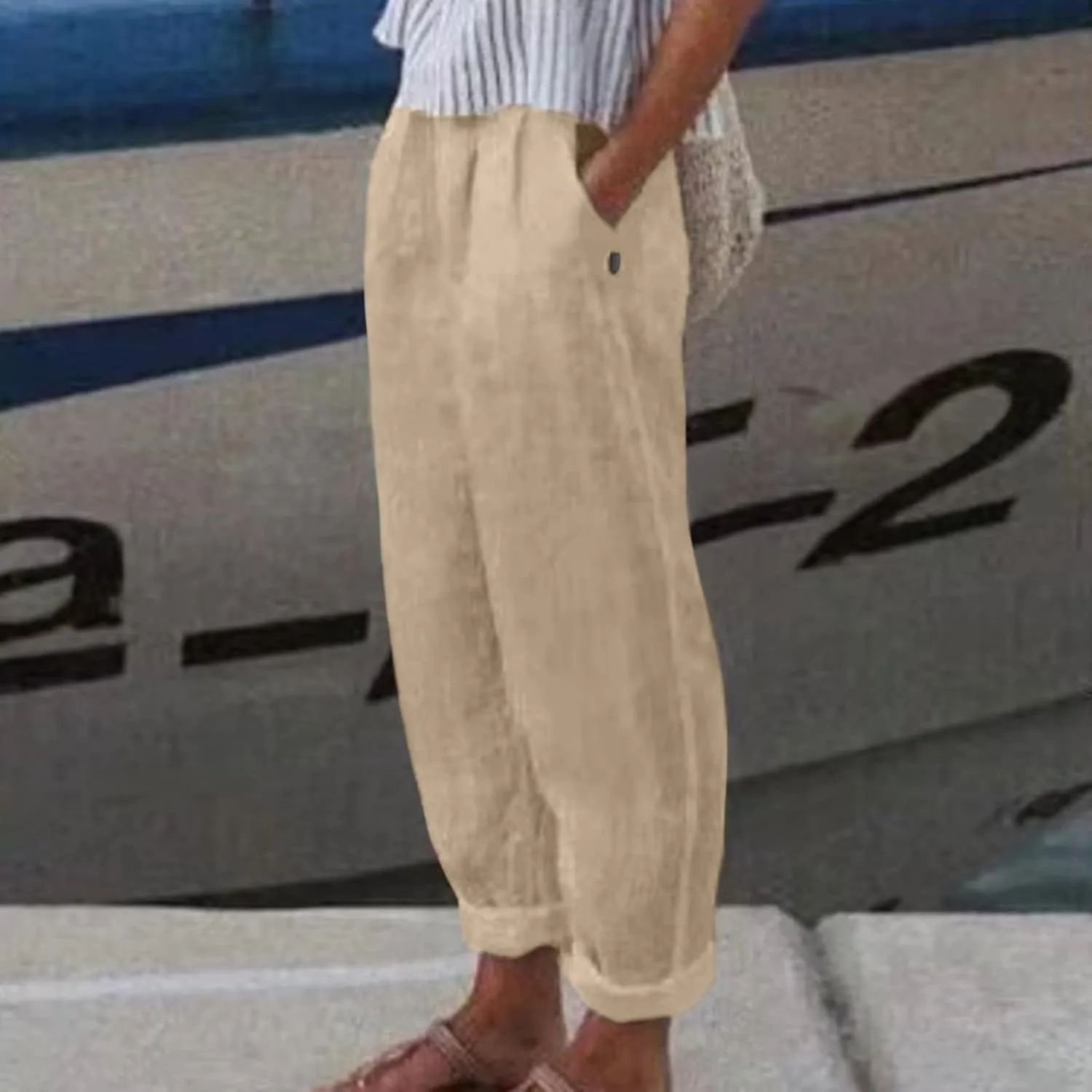 Womens Cotton Linen Pants Summer Casual Solid Color Boho Plus Size High Waisted Linen Pants Plus Size Trousers with Pockets