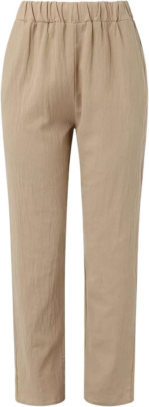 Womens Cotton Linen Pants Summer Casual Solid Color Boho Plus Size High Waisted Linen Pants Plus Size Trousers with Pockets