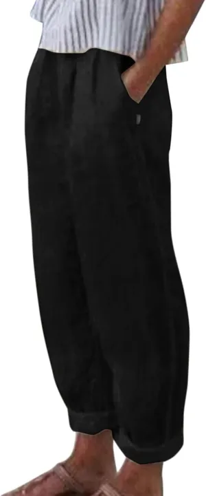 Womens Cotton Linen Pants Summer Casual Solid Color Boho Plus Size High Waisted Linen Pants Plus Size Trousers with Pockets