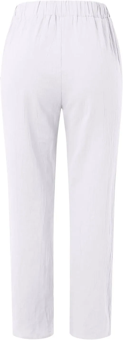 Womens Cotton Linen Pants Summer Casual Solid Color Boho Plus Size High Waisted Linen Pants Plus Size Trousers with Pockets