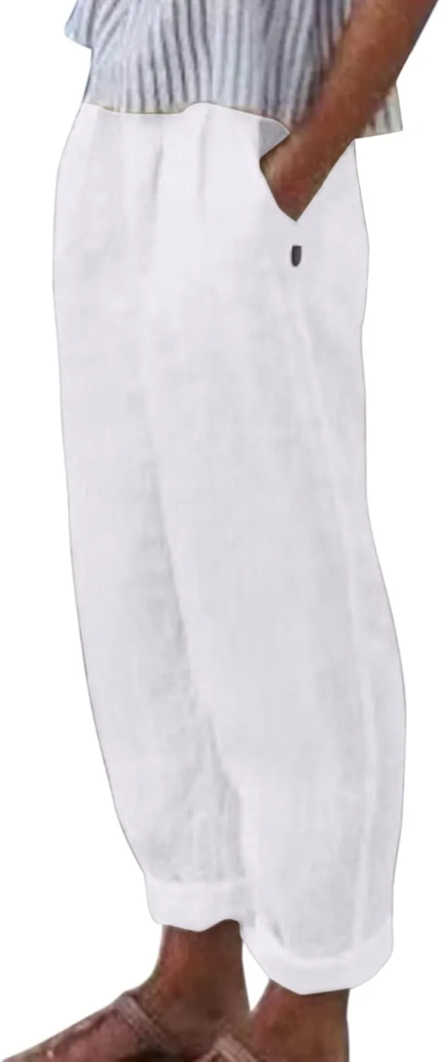 Womens Cotton Linen Pants Summer Casual Solid Color Boho Plus Size High Waisted Linen Pants Plus Size Trousers with Pockets