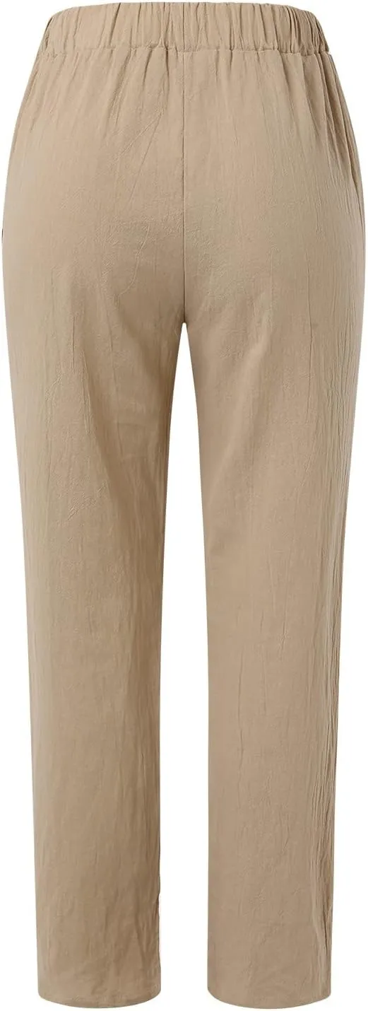 Womens Cotton Linen Pants Summer Casual Solid Color Boho Plus Size High Waisted Linen Pants Plus Size Trousers with Pockets
