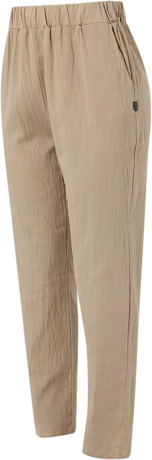 Womens Cotton Linen Pants Summer Casual Solid Color Boho Plus Size High Waisted Linen Pants Plus Size Trousers with Pockets