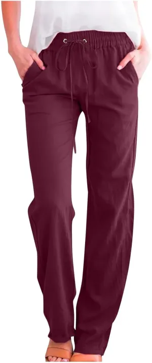 Womens Cotton Linen Pants Summer Casual Wide Leg Pants 2025 Trendy Drawstring Waist Straight Trousers with Pockets