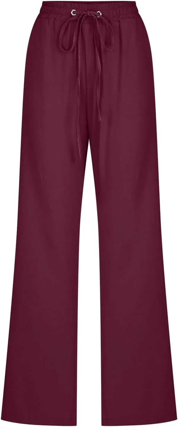Womens Cotton Linen Pants Summer Casual Wide Leg Pants 2025 Trendy Drawstring Waist Straight Trousers with Pockets