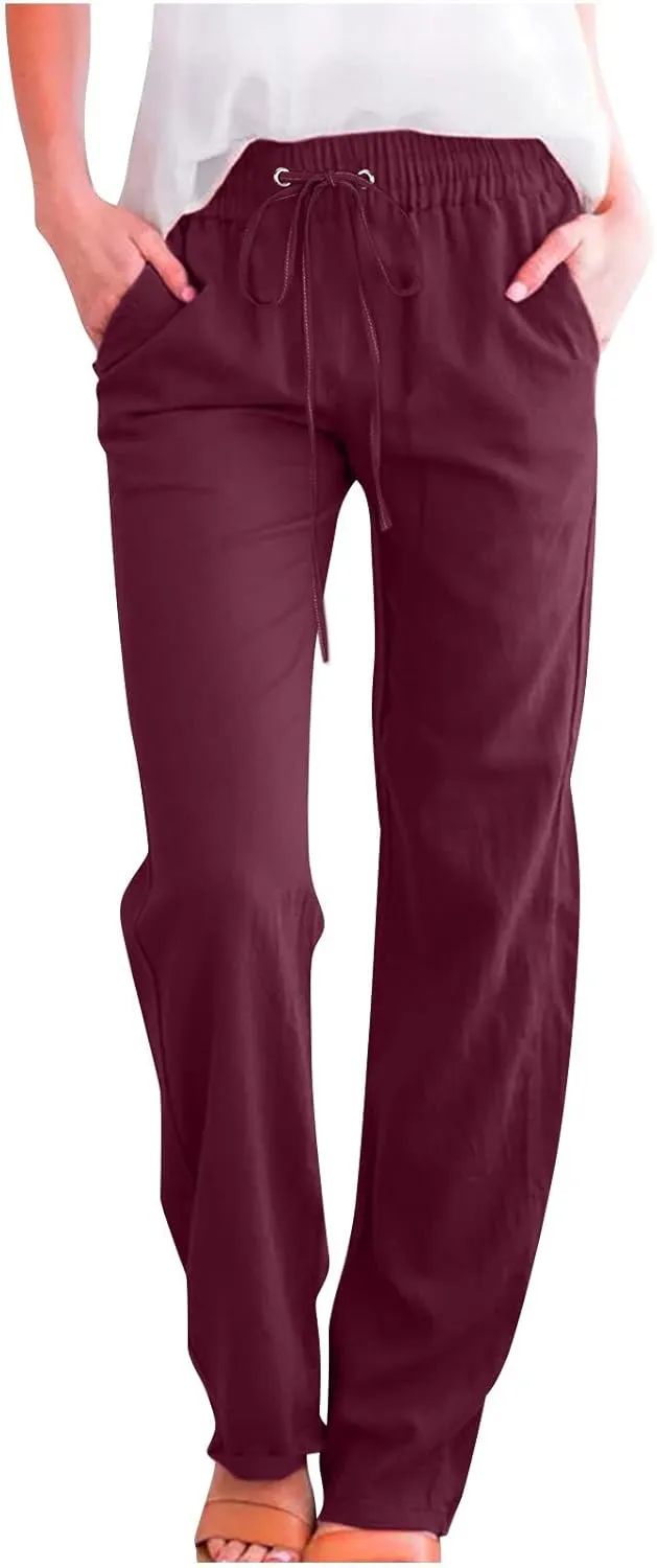 Womens Cotton Linen Pants Summer Casual Wide Leg Pants 2025 Trendy Drawstring Waist Straight Trousers with Pockets