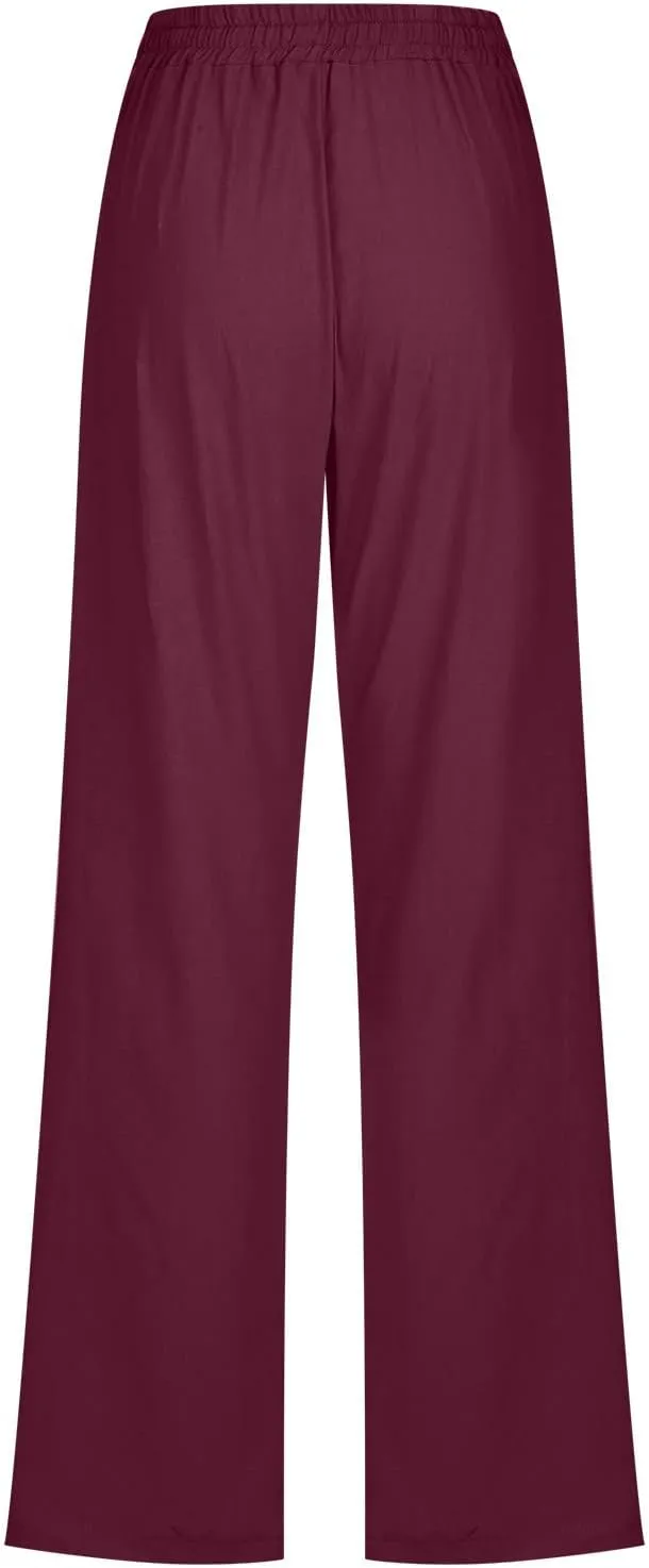 Womens Cotton Linen Pants Summer Casual Wide Leg Pants 2025 Trendy Drawstring Waist Straight Trousers with Pockets