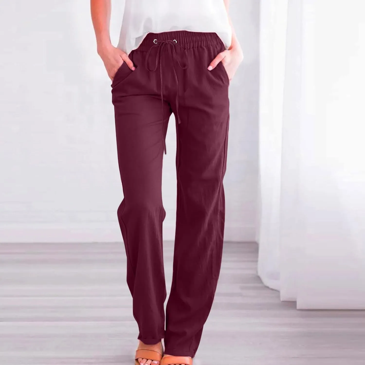 Womens Cotton Linen Pants Summer Casual Wide Leg Pants 2025 Trendy Drawstring Waist Straight Trousers with Pockets